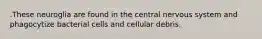 .These neuroglia are found in the central nervous system and phagocytize bacterial cells and cellular debris.