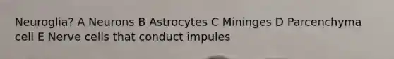 Neuroglia? A Neurons B Astrocytes C Mininges D Parcenchyma cell E Nerve cells that conduct impules