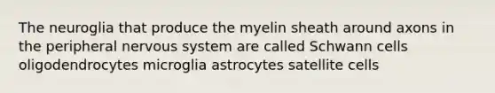 The neuroglia that produce the myelin sheath around axons in the peripheral <a href='https://www.questionai.com/knowledge/kThdVqrsqy-nervous-system' class='anchor-knowledge'>nervous system</a> are called Schwann cells oligodendrocytes microglia astrocytes satellite cells