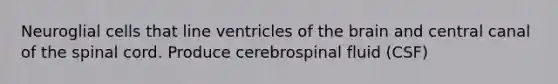 Neuroglial cells that line ventricles of the brain and central canal of the spinal cord. Produce cerebrospinal fluid (CSF)