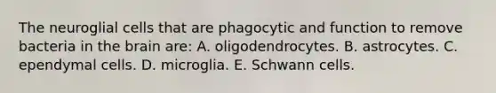 The neuroglial cells that are phagocytic and function to remove bacteria in <a href='https://www.questionai.com/knowledge/kLMtJeqKp6-the-brain' class='anchor-knowledge'>the brain</a> are: A. oligodendrocytes. B. astrocytes. C. ependymal cells. D. microglia. E. Schwann cells.