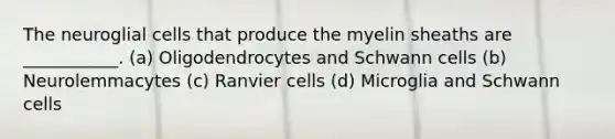 The neuroglial cells that produce the myelin sheaths are ___________. (a) Oligodendrocytes and Schwann cells (b) Neurolemmacytes (c) Ranvier cells (d) Microglia and Schwann cells