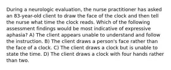 During a neurologic evaluation, the nurse practitioner has asked an 83-year-old client to draw the face of the clock and then tell the nurse what time the clock reads. Which of the following assessment findings would be most indicative of expressive aphasia? A) The client appears unable to understand and follow the instruction. B) The client draws a person's face rather than the face of a clock. C) The client draws a clock but is unable to state the time. D) The client draws a clock with four hands rather than two.