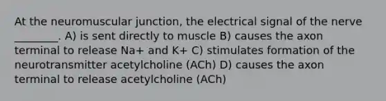 At the neuromuscular junction, the electrical signal of the nerve ________. A) is sent directly to muscle B) causes the axon terminal to release Na+ and K+ C) stimulates formation of the neurotransmitter acetylcholine (ACh) D) causes the axon terminal to release acetylcholine (ACh)