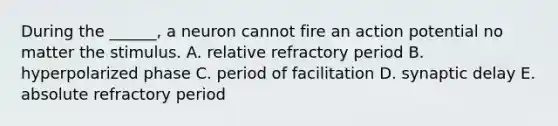 During the ______, a neuron cannot fire an action potential no matter the stimulus. A. relative refractory period B. hyperpolarized phase C. period of facilitation D. synaptic delay E. absolute refractory period