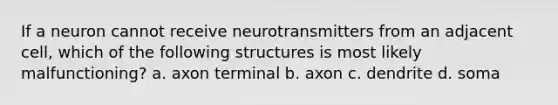 If a neuron cannot receive neurotransmitters from an adjacent cell, which of the following structures is most likely malfunctioning? a. axon terminal b. axon c. dendrite d. soma