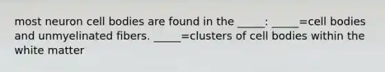 most neuron cell bodies are found in the _____: _____=cell bodies and unmyelinated fibers. _____=clusters of cell bodies within the white matter