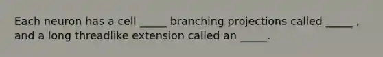 Each neuron has a cell _____ branching projections called _____ , and a long threadlike extension called an _____.