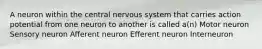 A neuron within the central nervous system that carries action potential from one neuron to another is called a(n) Motor neuron Sensory neuron Afferent neuron Efferent neuron Interneuron