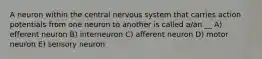 A neuron within the central nervous system that carries action potentials from one neuron to another is called a/an __ A) efferent neuron B) interneuron C) afferent neuron D) motor neuron E) sensory neuron