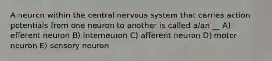 A neuron within the central nervous system that carries action potentials from one neuron to another is called a/an __ A) efferent neuron B) interneuron C) afferent neuron D) motor neuron E) sensory neuron