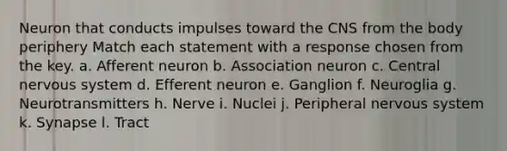 Neuron that conducts impulses toward the CNS from the body periphery Match each statement with a response chosen from the key. a. Afferent neuron b. Association neuron c. Central nervous system d. Efferent neuron e. Ganglion f. Neuroglia g. Neurotransmitters h. Nerve i. Nuclei j. Peripheral nervous system k. Synapse l. Tract