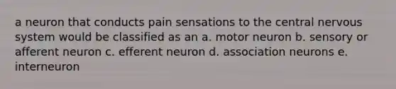 a neuron that conducts pain sensations to the central nervous system would be classified as an a. motor neuron b. sensory or afferent neuron c. efferent neuron d. association neurons e. interneuron