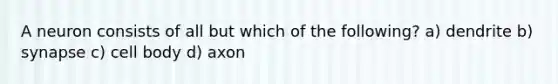 A neuron consists of all but which of the following? a) dendrite b) synapse c) cell body d) axon