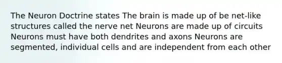 The Neuron Doctrine states The brain is made up of be net-like structures called the nerve net Neurons are made up of circuits Neurons must have both dendrites and axons Neurons are segmented, individual cells and are independent from each other