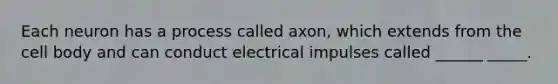 Each neuron has a process called axon, which extends from the cell body and can conduct electrical impulses called ______ _____.