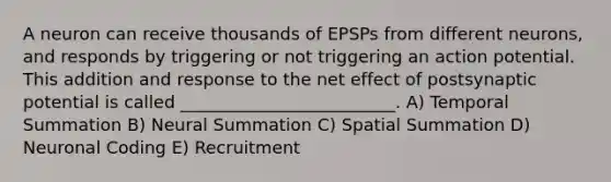 A neuron can receive thousands of EPSPs from different neurons, and responds by triggering or not triggering an action potential. This addition and response to the net effect of postsynaptic potential is called _________________________. A) Temporal Summation B) Neural Summation C) Spatial Summation D) Neuronal Coding E) Recruitment