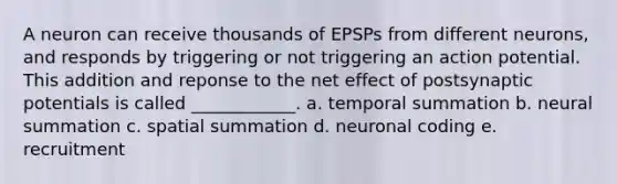 A neuron can receive thousands of EPSPs from different neurons, and responds by triggering or not triggering an action potential. This addition and reponse to the net effect of postsynaptic potentials is called ____________. a. temporal summation b. neural summation c. spatial summation d. neuronal coding e. recruitment