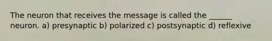 The neuron that receives the message is called the ______ neuron. a) presynaptic b) polarized c) postsynaptic d) reflexive