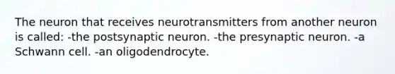 The neuron that receives neurotransmitters from another neuron is called: -the postsynaptic neuron. -the presynaptic neuron. -a Schwann cell. -an oligodendrocyte.