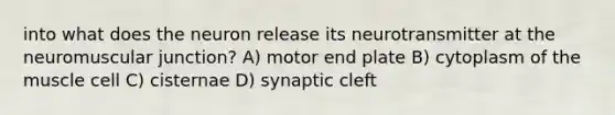 into what does the neuron release its neurotransmitter at the neuromuscular junction? A) motor end plate B) cytoplasm of the muscle cell C) cisternae D) synaptic cleft