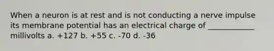 When a neuron is at rest and is not conducting a nerve impulse its membrane potential has an electrical charge of ____________ millivolts a. +127 b. +55 c. -70 d. -36