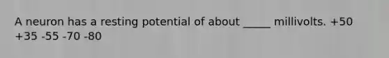 A neuron has a resting potential of about _____ millivolts. +50 +35 -55 -70 -80