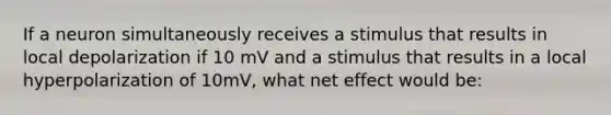 If a neuron simultaneously receives a stimulus that results in local depolarization if 10 mV and a stimulus that results in a local hyperpolarization of 10mV, what net effect would be: