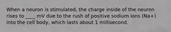 When a neuron is stimulated, the charge inside of the neuron rises to ____ mV due to the rush of positive sodium ions (Na+) into the cell body, which lasts about 1 millisecond.