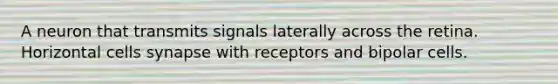 A neuron that transmits signals laterally across the retina. Horizontal cells synapse with receptors and bipolar cells.