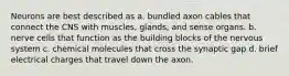 Neurons are best described as a. bundled axon cables that connect the CNS with muscles, glands, and sense organs. b. nerve cells that function as the building blocks of the nervous system c. chemical molecules that cross the synaptic gap d. brief electrical charges that travel down the axon.
