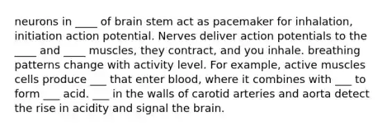 neurons in ____ of brain stem act as pacemaker for inhalation, initiation action potential. Nerves deliver action potentials to the ____ and ____ muscles, they contract, and you inhale. breathing patterns change with activity level. For example, active muscles cells produce ___ that enter blood, where it combines with ___ to form ___ acid. ___ in the walls of carotid arteries and aorta detect the rise in acidity and signal the brain.