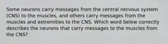 Some neurons carry messages from the central nervous system (CNS) to the muscles, and others carry messages from the muscles and extremities to the CNS. Which word below correctly describes the neurons that carry messages to the muscles from the CNS?