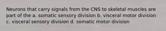 Neurons that carry signals from the CNS to skeletal muscles are part of the a. somatic sensory division b. visceral motor division c. visceral sensory division d. somatic motor division