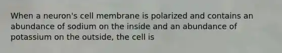 When a neuron's cell membrane is polarized and contains an abundance of sodium on the inside and an abundance of potassium on the outside, the cell is