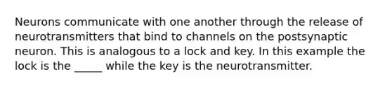 Neurons communicate with one another through the release of neurotransmitters that bind to channels on the postsynaptic neuron. This is analogous to a lock and key. In this example the lock is the _____ while the key is the neurotransmitter.