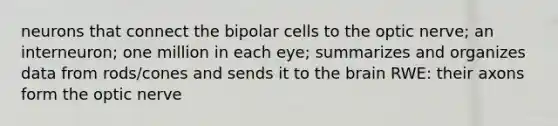 neurons that connect the bipolar cells to the optic nerve; an interneuron; one million in each eye; summarizes and organizes data from rods/cones and sends it to the brain RWE: their axons form the optic nerve