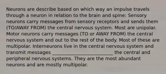 Neurons are describe based on which way an impulse travels through a neuron in relation to the brain and spine: Sensory neurons carry messages from sensory receptors and sends them (TO/AWAY FROM) the central nervous system. Most are unipolar. Motor neurons carry messages (TO or AWAY FROM) the central nervous system and out to the rest of the body. Most of these are multipolar. Interneurons live in the central nervous system and transmit messages __________________________ the central and peripheral nervous systems. They are the most abundant neurons and are mostly multipolar.