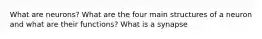 What are neurons? What are the four main structures of a neuron and what are their functions? What is a synapse