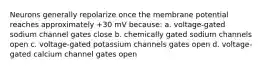 Neurons generally repolarize once the membrane potential reaches approximately +30 mV because: a. voltage-gated sodium channel gates close b. chemically gated sodium channels open c. voltage-gated potassium channels gates open d. voltage-gated calcium channel gates open