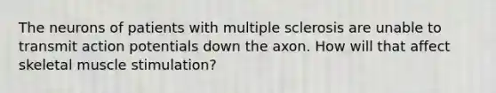 The neurons of patients with multiple sclerosis are unable to transmit action potentials down the axon. How will that affect skeletal muscle stimulation?