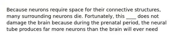 Because neurons require space for their connective structures, many surrounding neurons die. Fortunately, this ____ does not damage the brain because during the prenatal period, the neural tube produces far more neurons than the brain will ever need