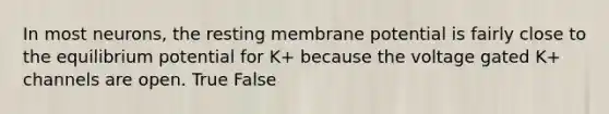 In most neurons, the resting membrane potential is fairly close to the equilibrium potential for K+ because the voltage gated K+ channels are open. True False