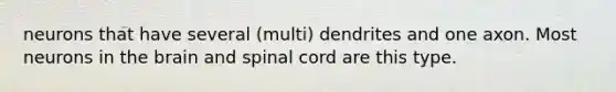 neurons that have several (multi) dendrites and one axon. Most neurons in the brain and spinal cord are this type.