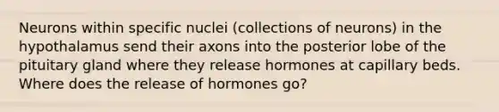 Neurons within specific nuclei (collections of neurons) in the hypothalamus send their axons into the posterior lobe of the pituitary gland where they release hormones at capillary beds. Where does the release of hormones go?