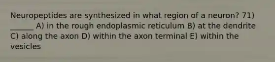 Neuropeptides are synthesized in what region of a neuron? 71) ______ A) in the rough endoplasmic reticulum B) at the dendrite C) along the axon D) within the axon terminal E) within the vesicles