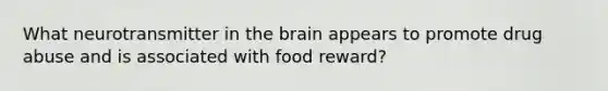 What neurotransmitter in the brain appears to promote drug abuse and is associated with food reward?