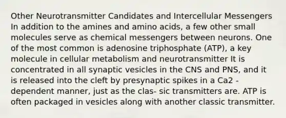 Other Neurotransmitter Candidates and Intercellular Messengers In addition to the amines and amino acids, a few other small molecules serve as chemical messengers between neurons. One of the most common is adenosine triphosphate (ATP), a key molecule in cellular metabolism and neurotransmitter It is concentrated in all synaptic vesicles in the CNS and PNS, and it is released into the cleft by presynaptic spikes in a Ca2 -dependent manner, just as the clas- sic transmitters are. ATP is often packaged in vesicles along with another classic transmitter.