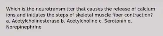 Which is the neurotransmitter that causes the release of calcium ions and initiates the steps of skeletal muscle fiber contraction? a. Acetylcholinesterase b. Acetylcholine c. Serotonin d. Norepinephrine