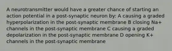 A neurotransmitter would have a greater chance of starting an action potential in a post-synaptic neuron by: A causing a graded hyperpolarization in the post-synaptic membrane B closing Na+ channels in the post-synaptic membrane C causing a graded depolarization in the post-synaptic membrane D opening K+ channels in the post-synaptic membrane